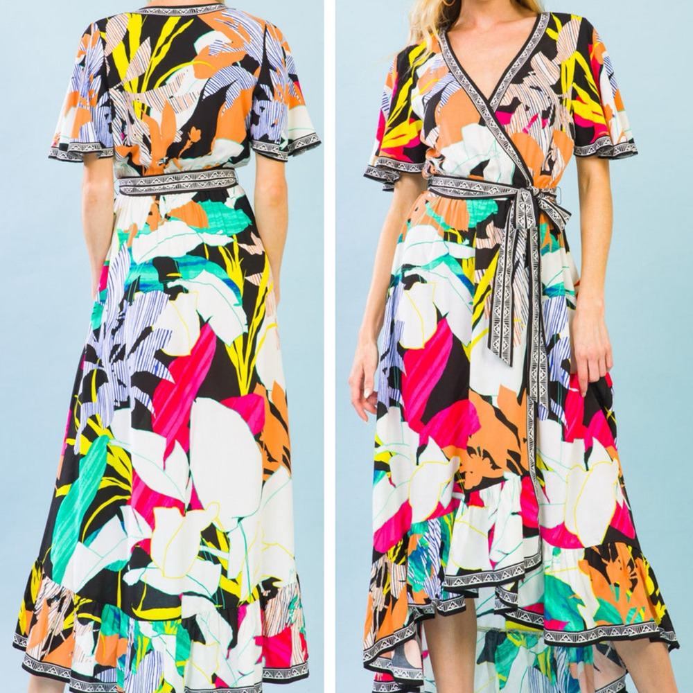 Flying Tomato Take Me Dancing Midi Dress Small Tropical Faux Wrap Colorful Vneck